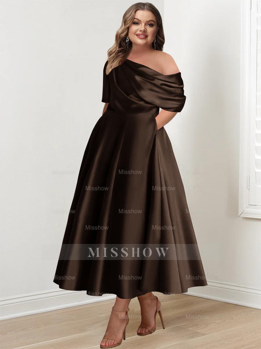 Plus Size A-Line Princess Ankle-Length One-Shoulder Mother of the Bride Dress with Ruffles and Half Sleeves