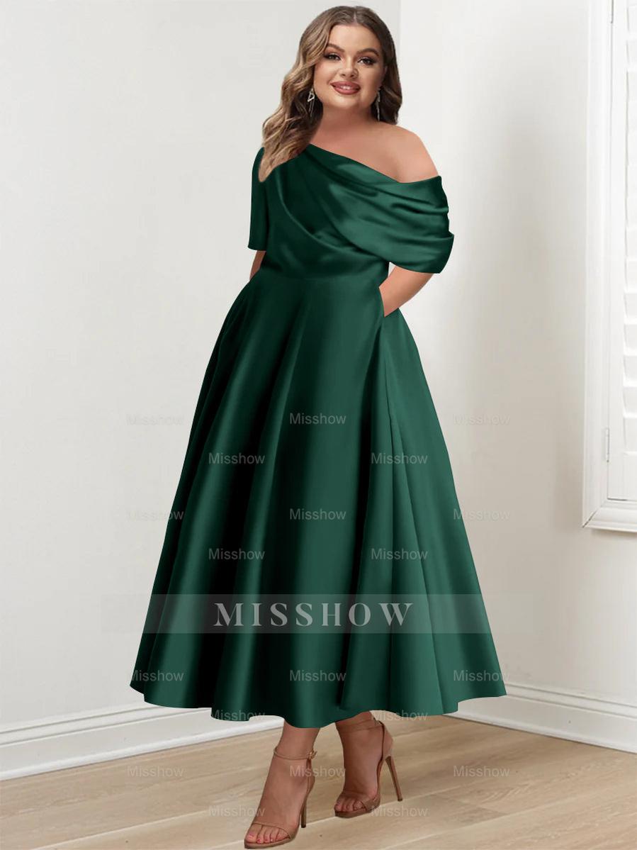 Plus Size A-Line Princess Ankle-Length One-Shoulder Mother of the Bride Dress with Ruffles and Half Sleeves
