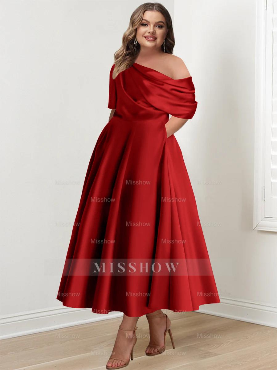 Plus Size A-Line Princess Ankle-Length One-Shoulder Mother of the Bride Dress with Ruffles and Half Sleeves