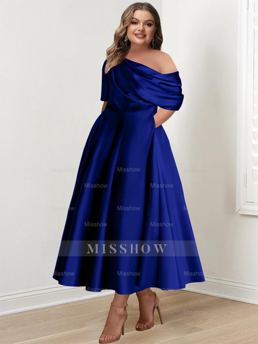 Plus Size A-Line Princess Ankle-Length One-Shoulder Mother of the Bride Dress with Ruffles and Half Sleeves