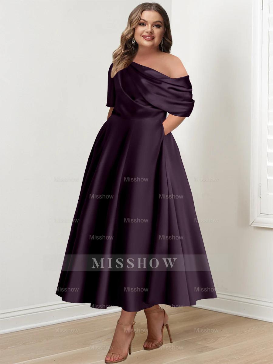 Plus Size A-Line Princess Ankle-Length One-Shoulder Mother of the Bride Dress with Ruffles and Half Sleeves