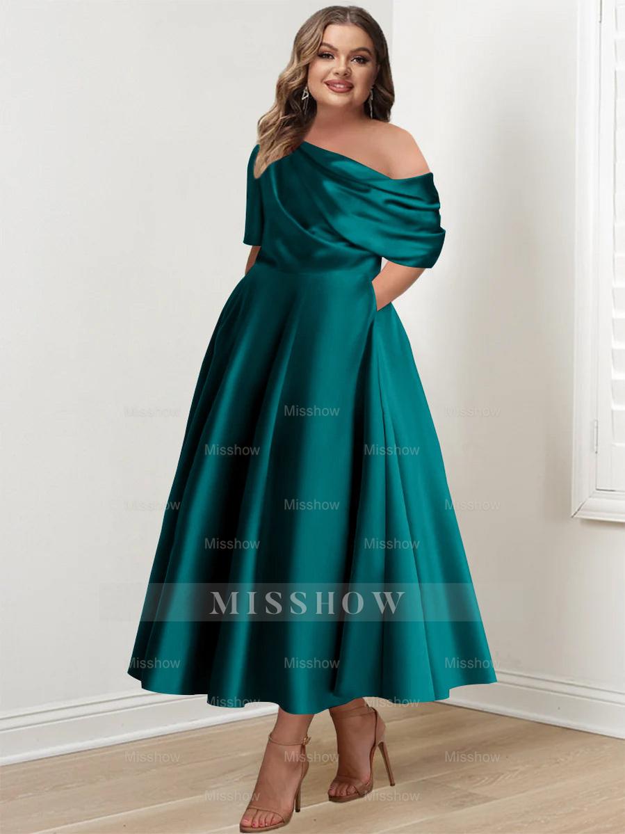 Plus Size A-Line Princess Ankle-Length One-Shoulder Mother of the Bride Dress with Ruffles and Half Sleeves