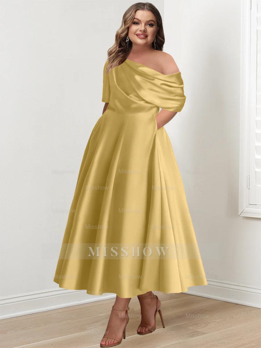Plus Size A-Line Princess Ankle-Length One-Shoulder Mother of the Bride Dress with Ruffles and Half Sleeves