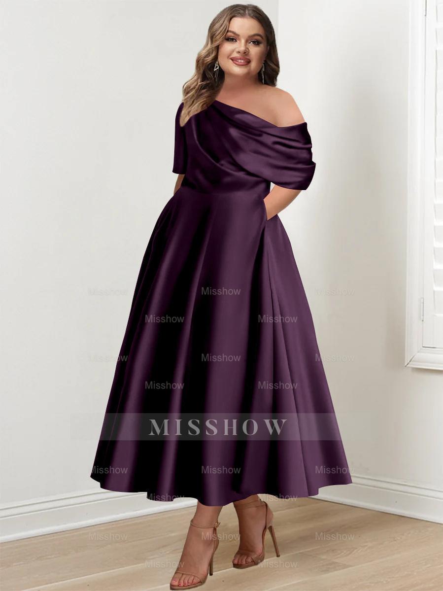 Plus Size A-Line Princess Ankle-Length One-Shoulder Mother of the Bride Dress with Ruffles and Half Sleeves