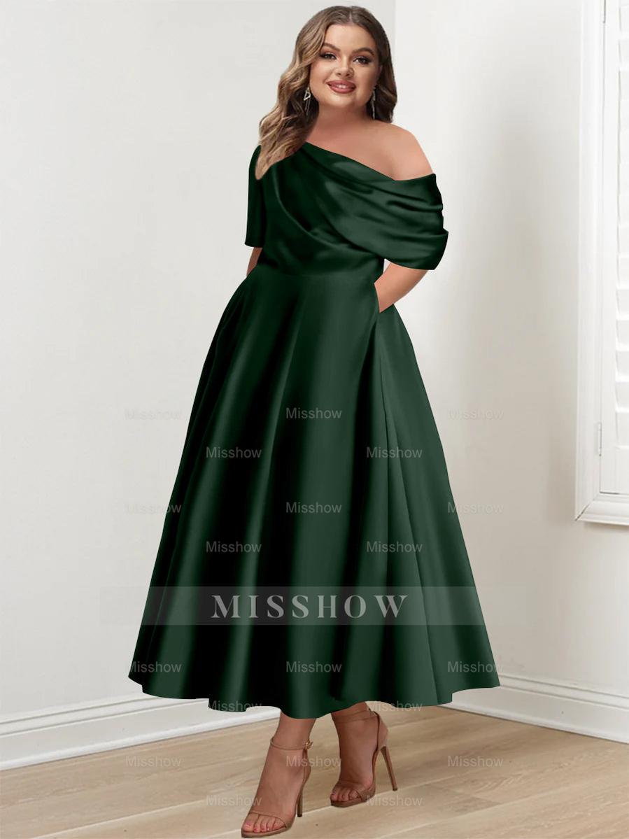 Plus Size A-Line Princess Ankle-Length One-Shoulder Mother of the Bride Dress with Ruffles and Half Sleeves