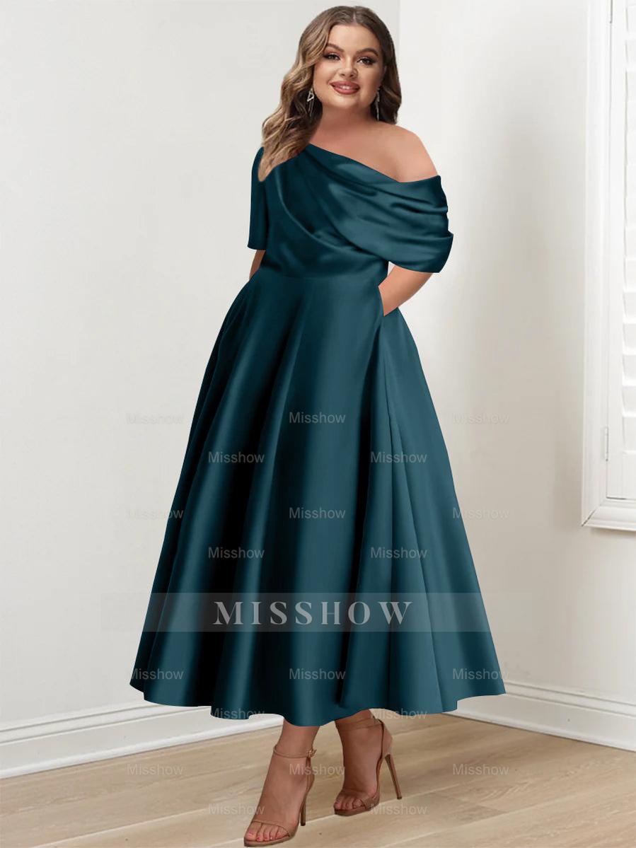 Plus Size A-Line Princess Ankle-Length One-Shoulder Mother of the Bride Dress with Ruffles and Half Sleeves