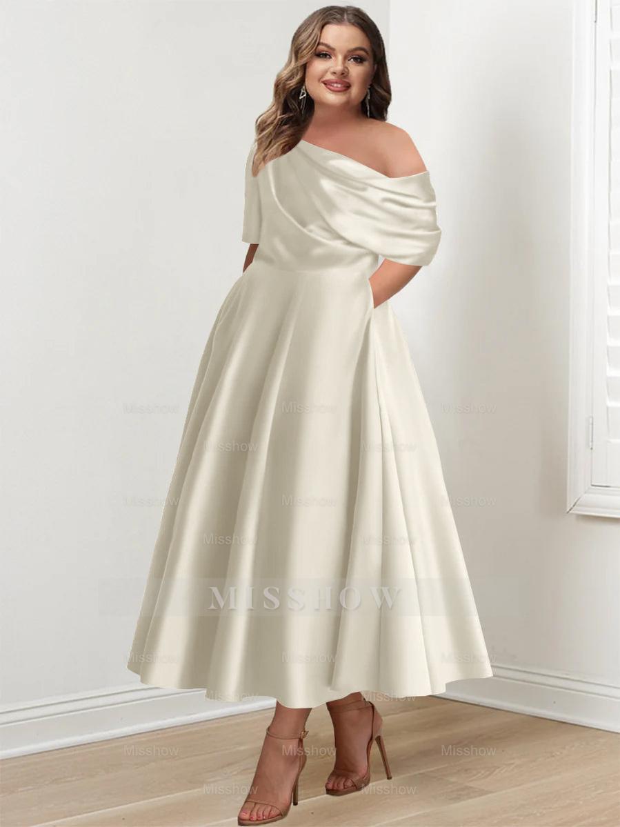 Plus Size A-Line Princess Ankle-Length One-Shoulder Mother of the Bride Dress with Ruffles and Half Sleeves