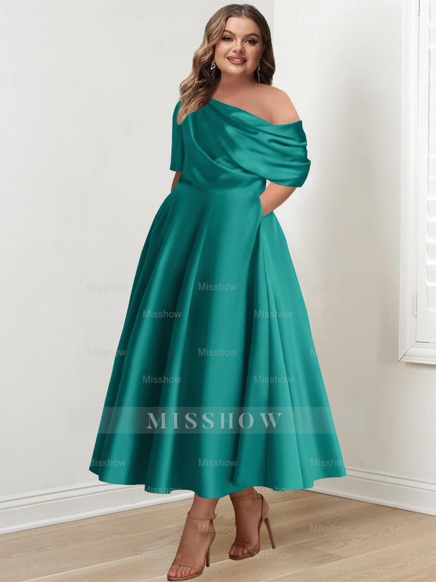 Plus Size A-Line Princess Ankle-Length One-Shoulder Mother of the Bride Dress with Ruffles and Half Sleeves