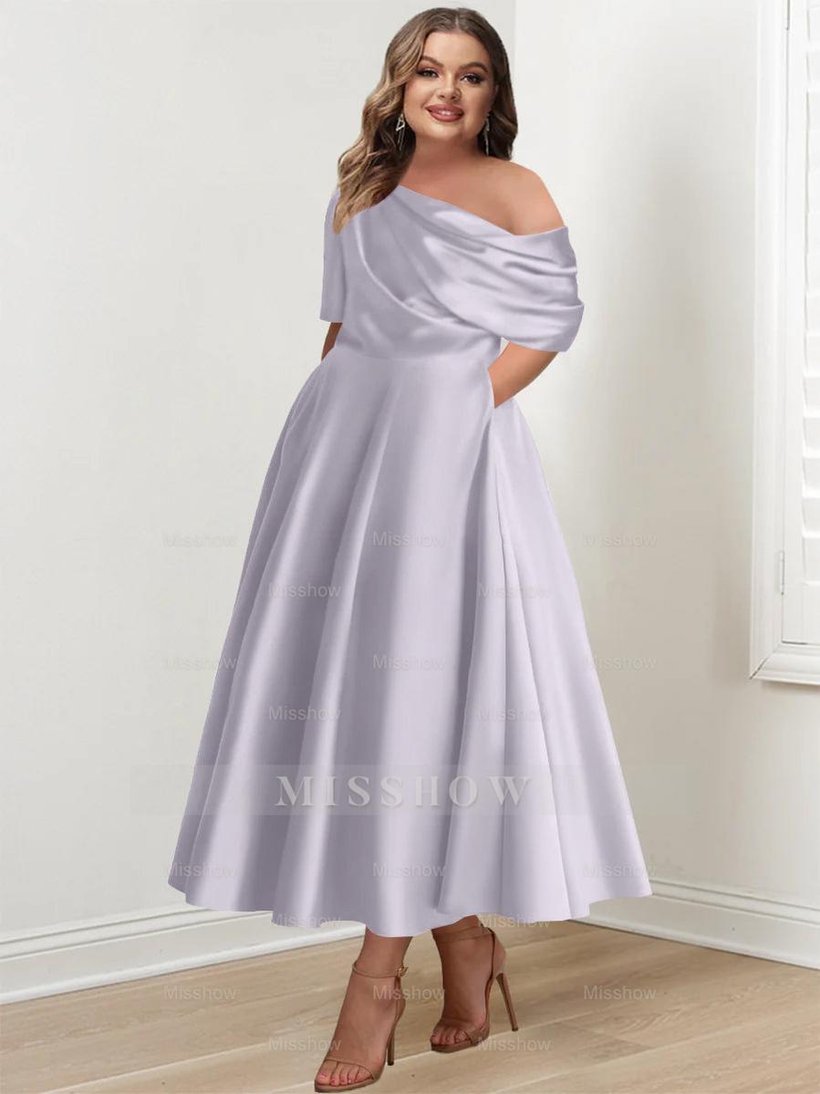 Plus Size A-Line Princess Ankle-Length One-Shoulder Mother of the Bride Dress with Ruffles and Half Sleeves