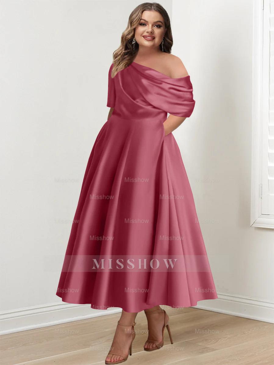Plus Size A-Line Princess Ankle-Length One-Shoulder Mother of the Bride Dress with Ruffles and Half Sleeves