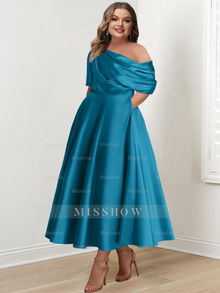 Plus Size A-Line Princess Ankle-Length One-Shoulder Mother of the Bride Dress with Ruffles and Half Sleeves