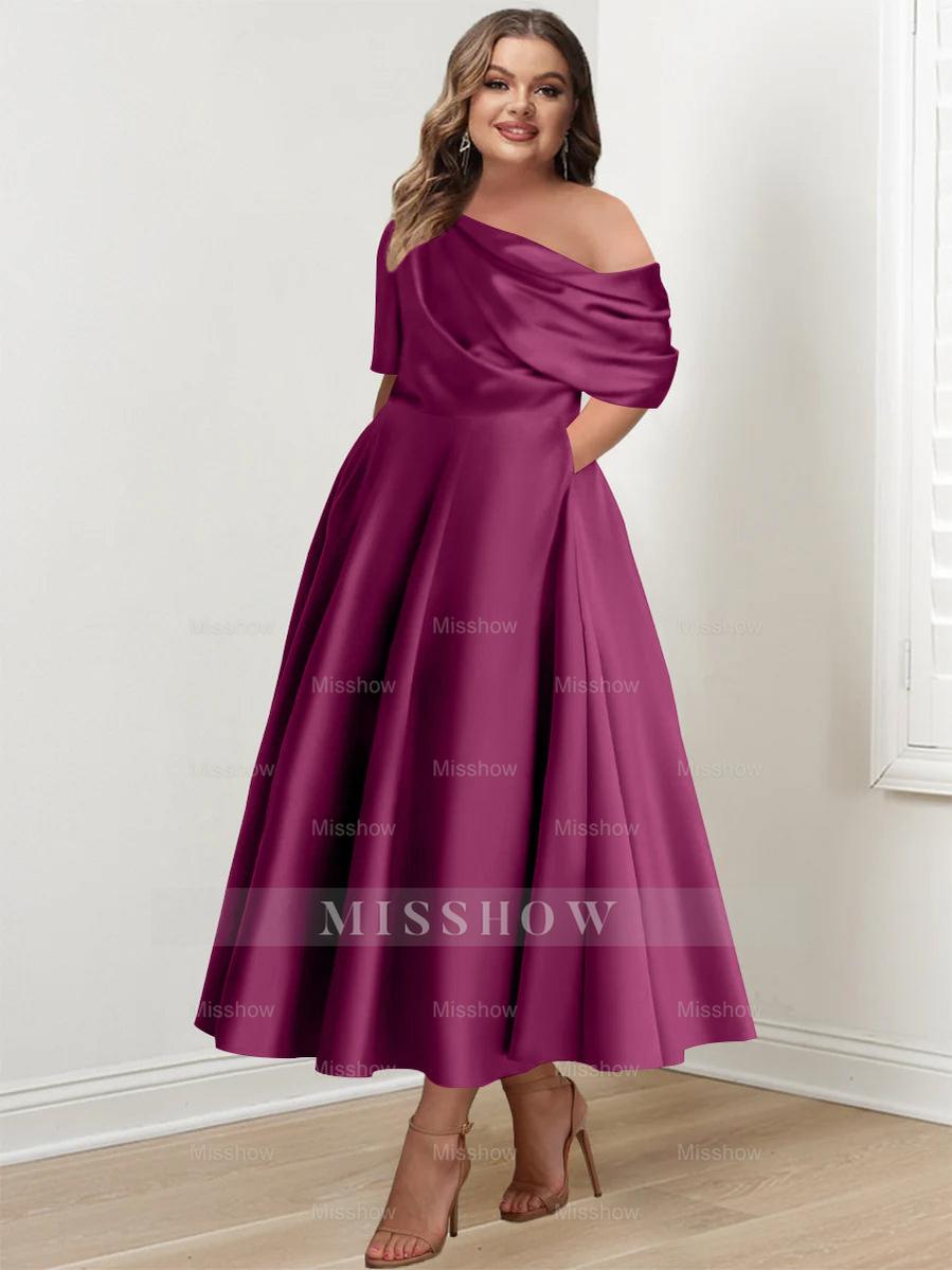 Plus Size A-Line Princess Ankle-Length One-Shoulder Mother of the Bride Dress with Ruffles and Half Sleeves