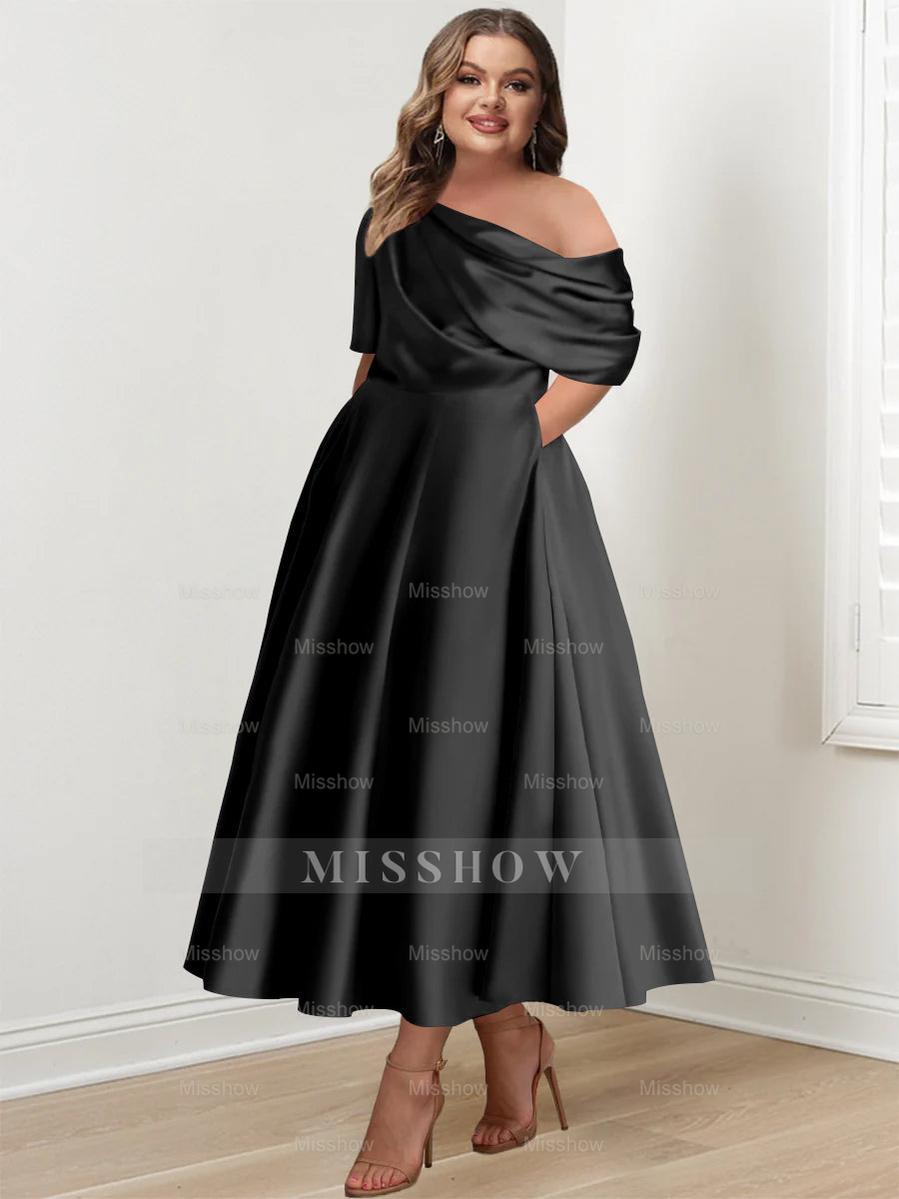 Plus Size A-Line Princess Ankle-Length One-Shoulder Mother of the Bride Dress with Ruffles and Half Sleeves