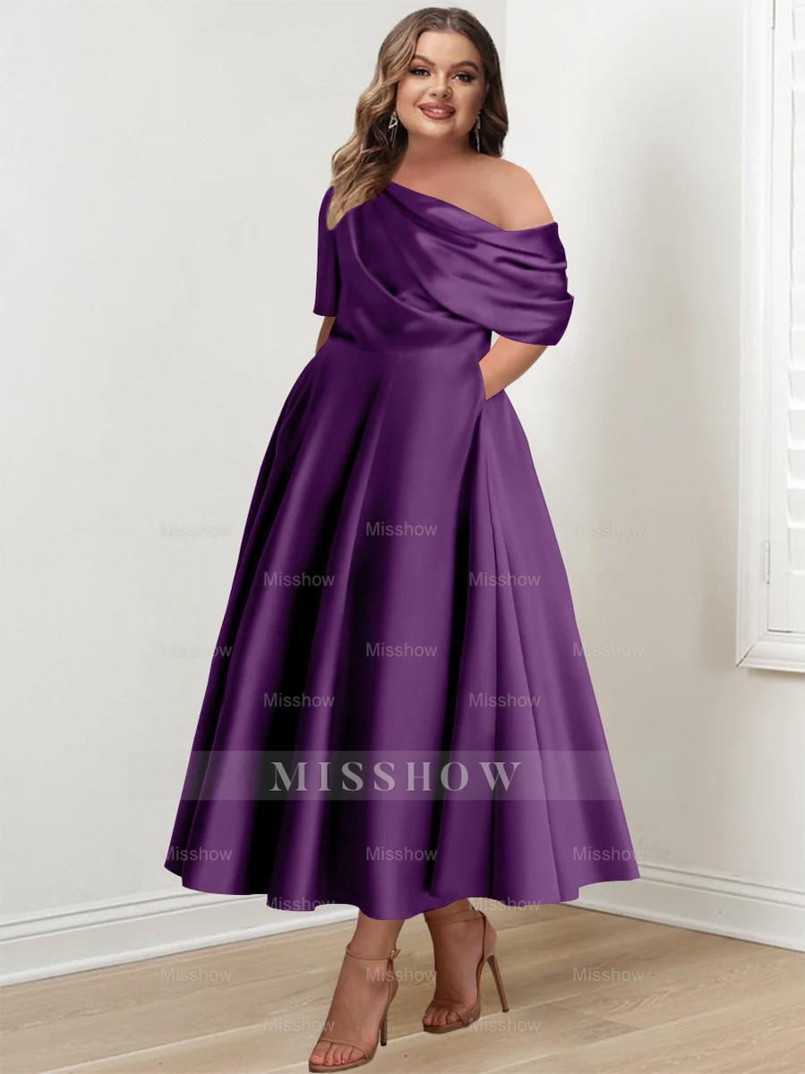Plus Size A-Line Princess Ankle-Length One-Shoulder Mother of the Bride Dress with Ruffles and Half Sleeves