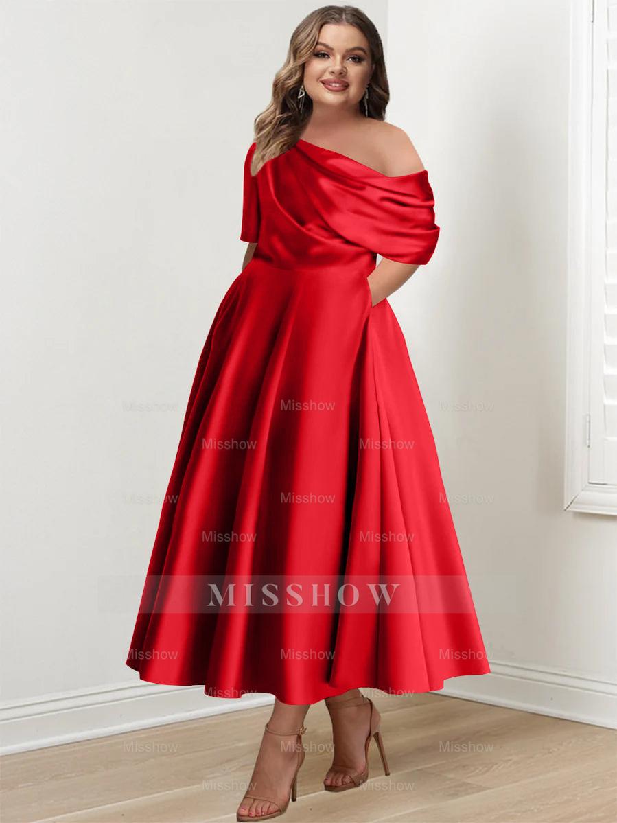 Plus Size A-Line Princess Ankle-Length One-Shoulder Mother of the Bride Dress with Ruffles and Half Sleeves