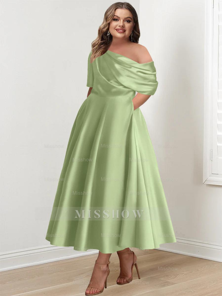 Plus Size A-Line Princess Ankle-Length One-Shoulder Mother of the Bride Dress with Ruffles and Half Sleeves