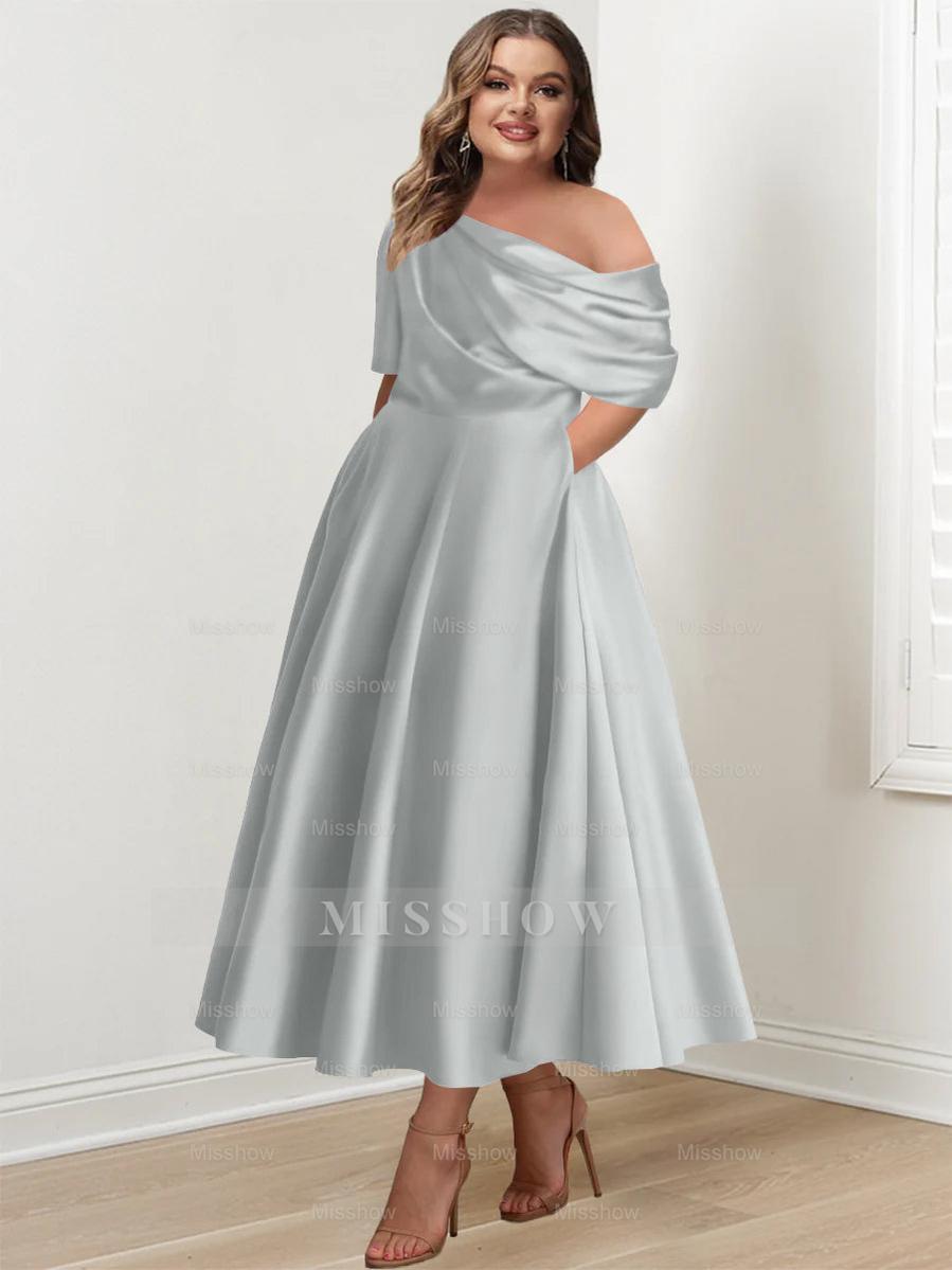 Plus Size A-Line Princess Ankle-Length One-Shoulder Mother of the Bride Dress with Ruffles and Half Sleeves