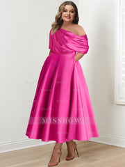 Plus Size A-Line Princess Ankle-Length One-Shoulder Mother of the Bride Dress with Ruffles and Half Sleeves