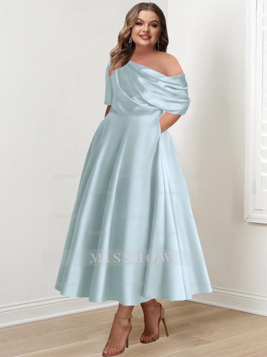 Plus Size A-Line Princess Ankle-Length One-Shoulder Mother of the Bride Dress with Ruffles and Half Sleeves