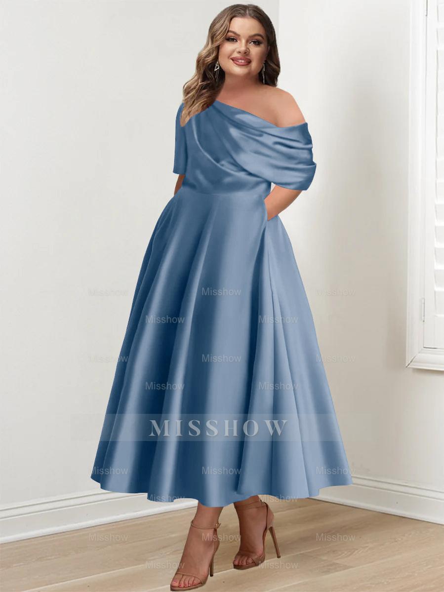 Plus Size A-Line Princess Ankle-Length One-Shoulder Mother of the Bride Dress with Ruffles and Half Sleeves