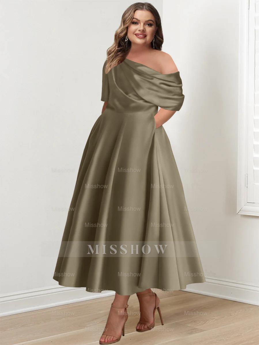 Plus Size A-Line Princess Ankle-Length One-Shoulder Mother of the Bride Dress with Ruffles and Half Sleeves