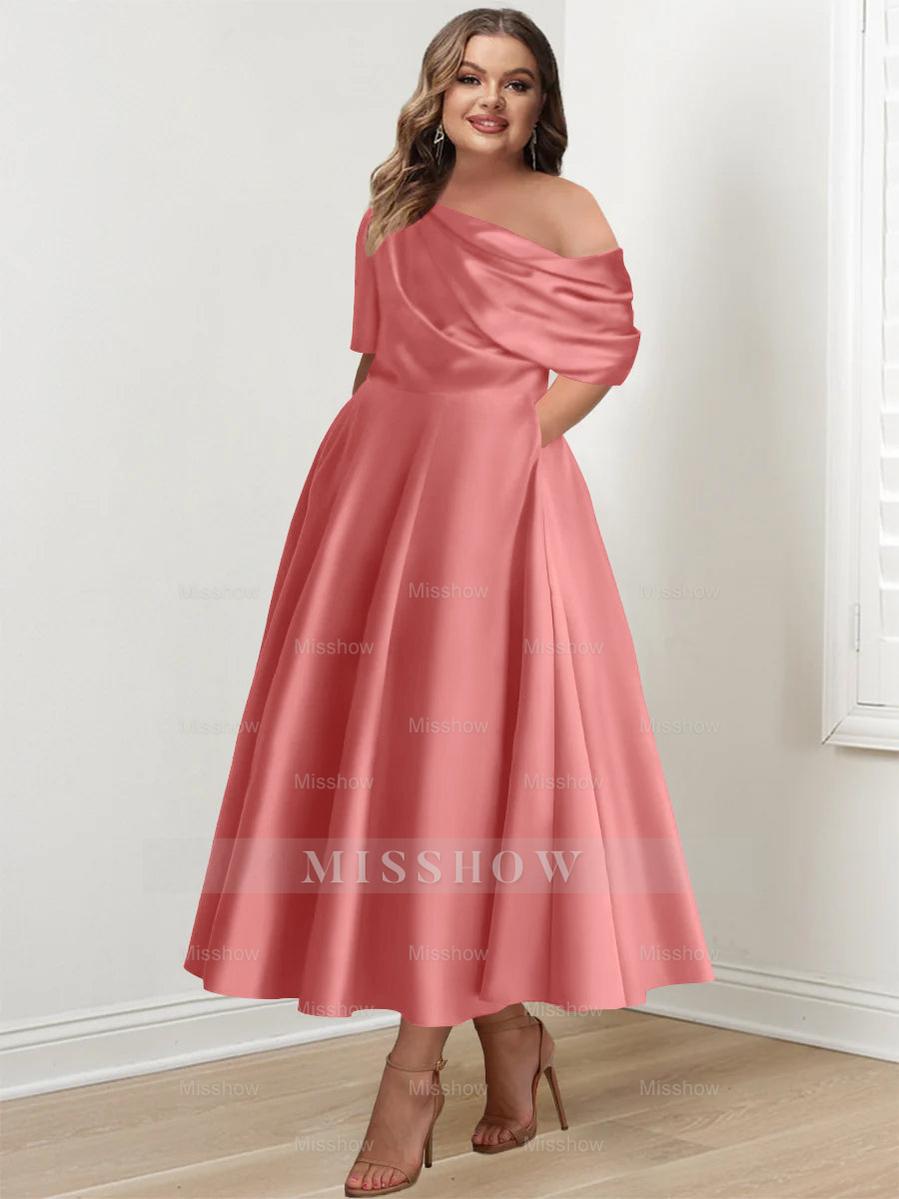 Plus Size A-Line Princess Ankle-Length One-Shoulder Mother of the Bride Dress with Ruffles and Half Sleeves