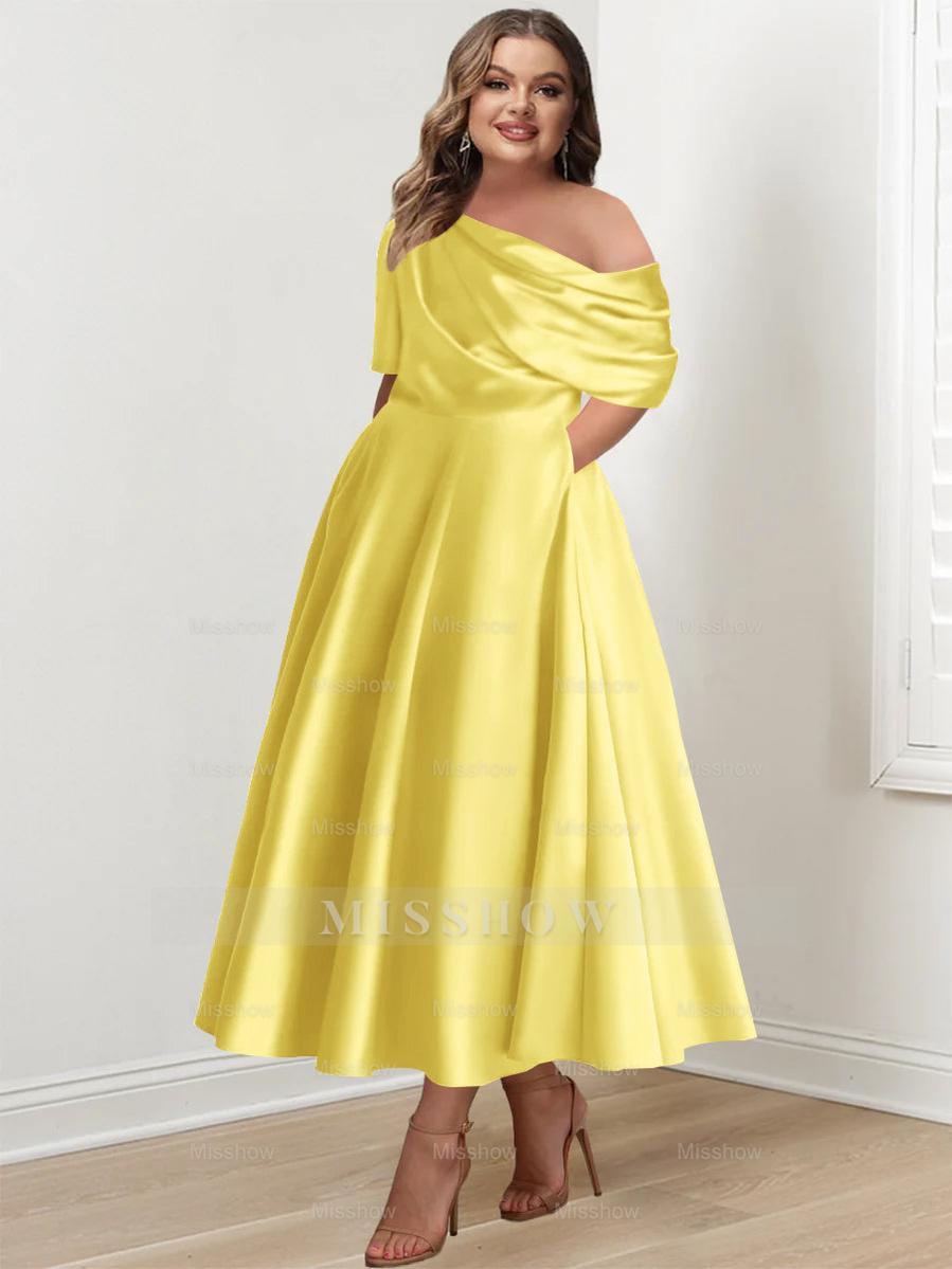 Plus Size A-Line Princess Ankle-Length One-Shoulder Mother of the Bride Dress with Ruffles and Half Sleeves