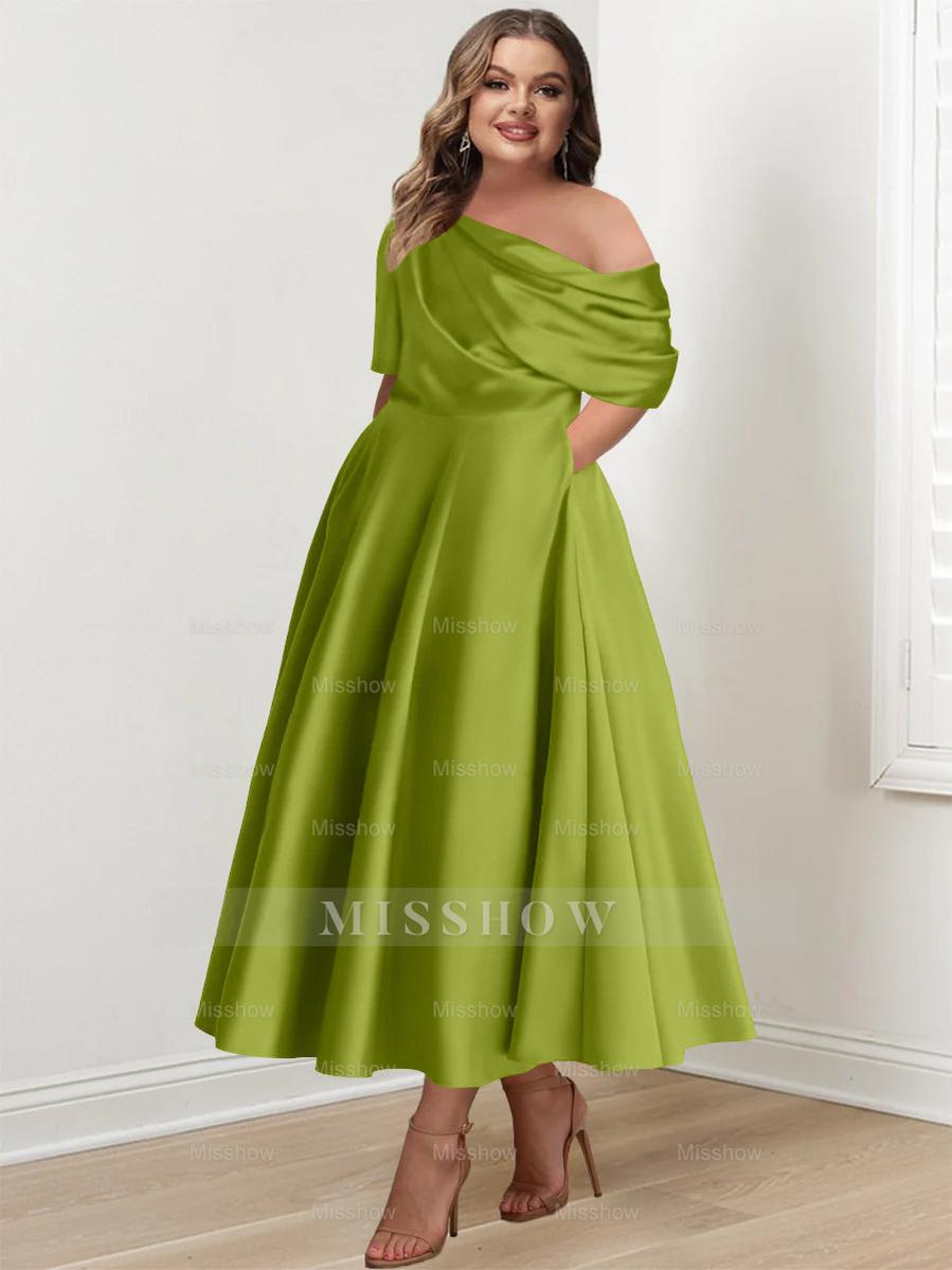Plus Size A-Line Princess Ankle-Length One-Shoulder Mother of the Bride Dress with Ruffles and Half Sleeves