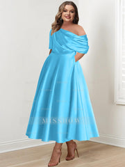 Plus Size A-Line Princess Ankle-Length One-Shoulder Mother of the Bride Dress with Ruffles and Half Sleeves