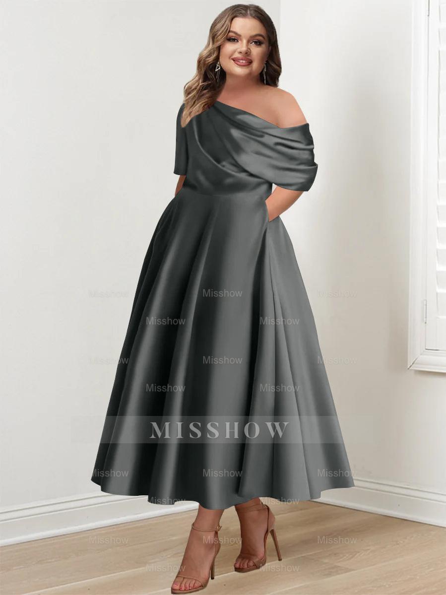 Plus Size A-Line Princess Ankle-Length One-Shoulder Mother of the Bride Dress with Ruffles and Half Sleeves Plus Size A-Line Princess Ankle-Length One-Shoulder Mother of the Bride Dress with Ruffles and Half Sleeves