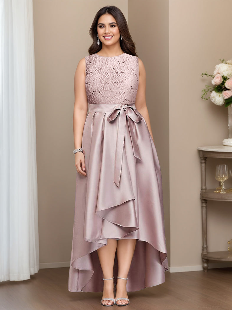 Plus Size Asymmetrical A-Line Mother Of The Bride Dress With Jewel Neck And Pleats