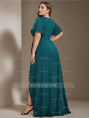 Plus Size Asymmetrical A-Line Princess Dress with Deep V-Neck and Ruffled Short Sleeves