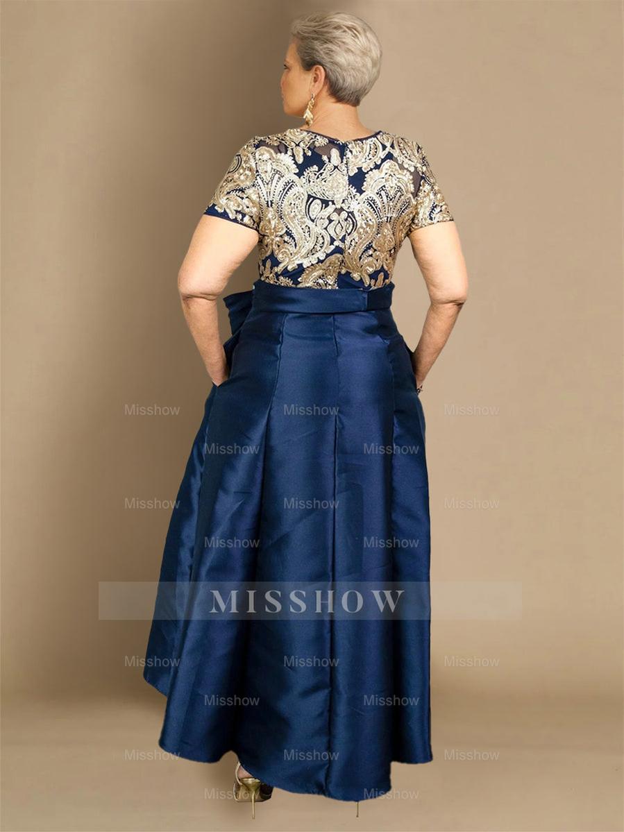 Plus Size Asymmetrical A-Line Princess Dress with Round Neck and Short Sleeves