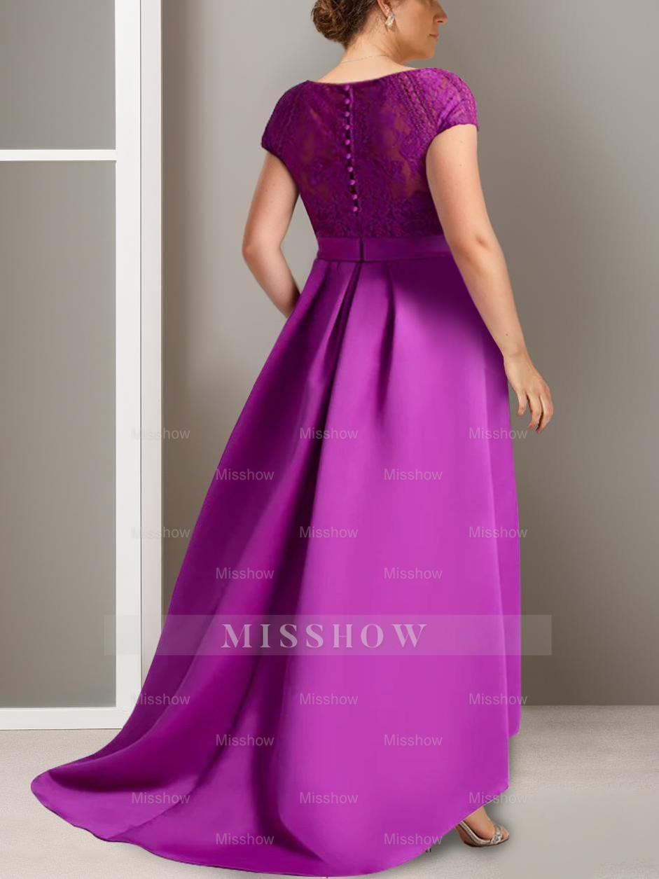 Plus Size Asymmetrical A-Line Princess Scoop Neck Mother of the Bride Dress with Appliques and Short Sleeves