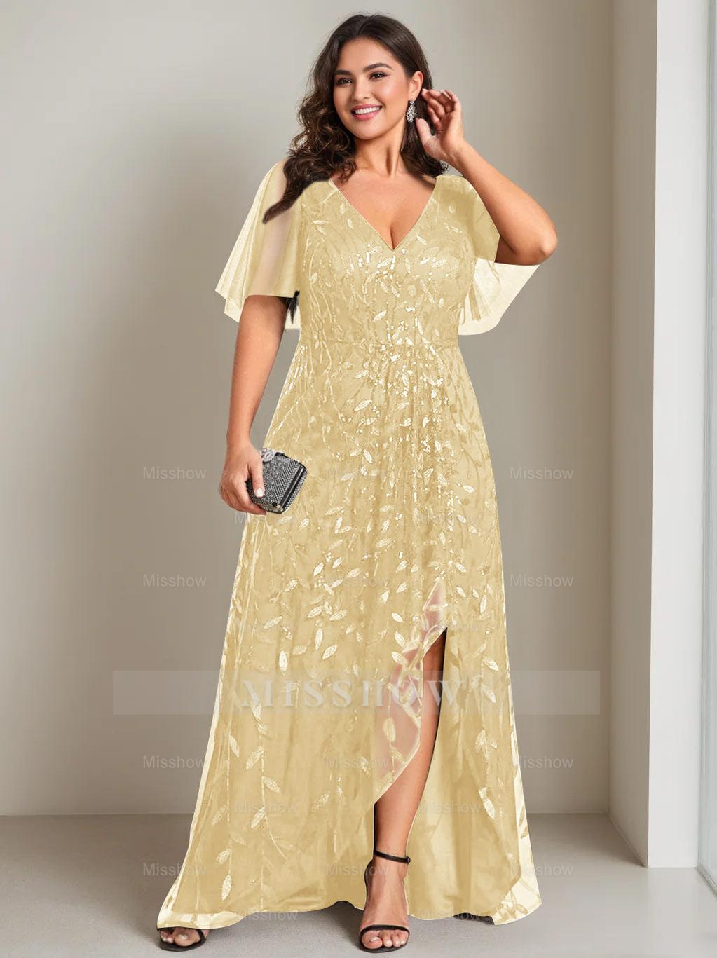 Plus Size Asymmetrical A-Line Princess V-Neck Short Sleeve Mother of the Bride Dress with Sequins