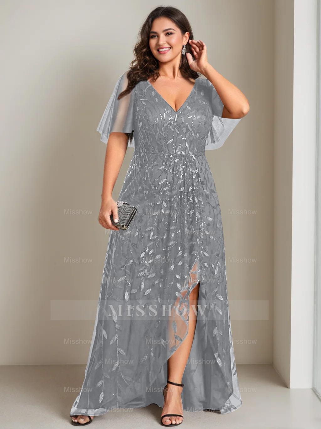Plus Size Asymmetrical A-Line Princess V-Neck Short Sleeve Mother of the Bride Dress with Sequins