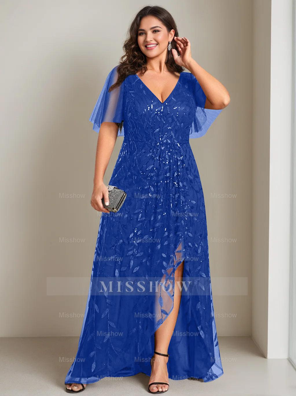 Plus Size Asymmetrical A-Line Princess V-Neck Short Sleeve Mother of the Bride Dress with Sequins