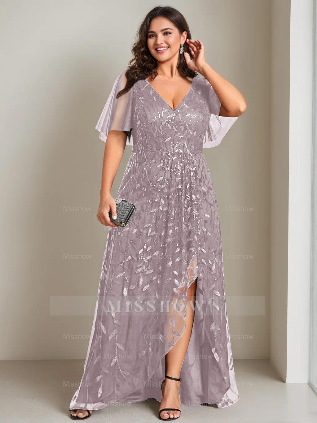 Plus Size Asymmetrical A-Line Princess V-Neck Short Sleeve Mother of the Bride Dress with Sequins