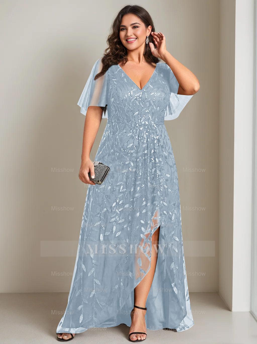 Plus Size Asymmetrical A-Line Princess V-Neck Short Sleeve Mother of the Bride Dress with Sequins