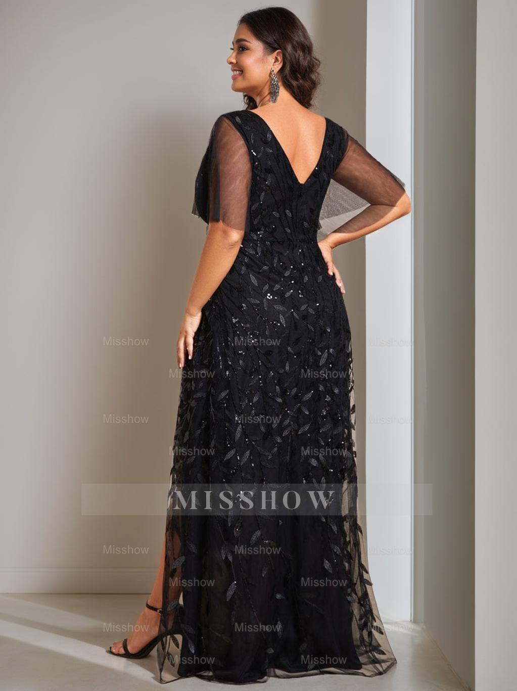 Plus Size Asymmetrical A-Line Princess V-Neck Short Sleeve Mother of the Bride Dress with Sequins