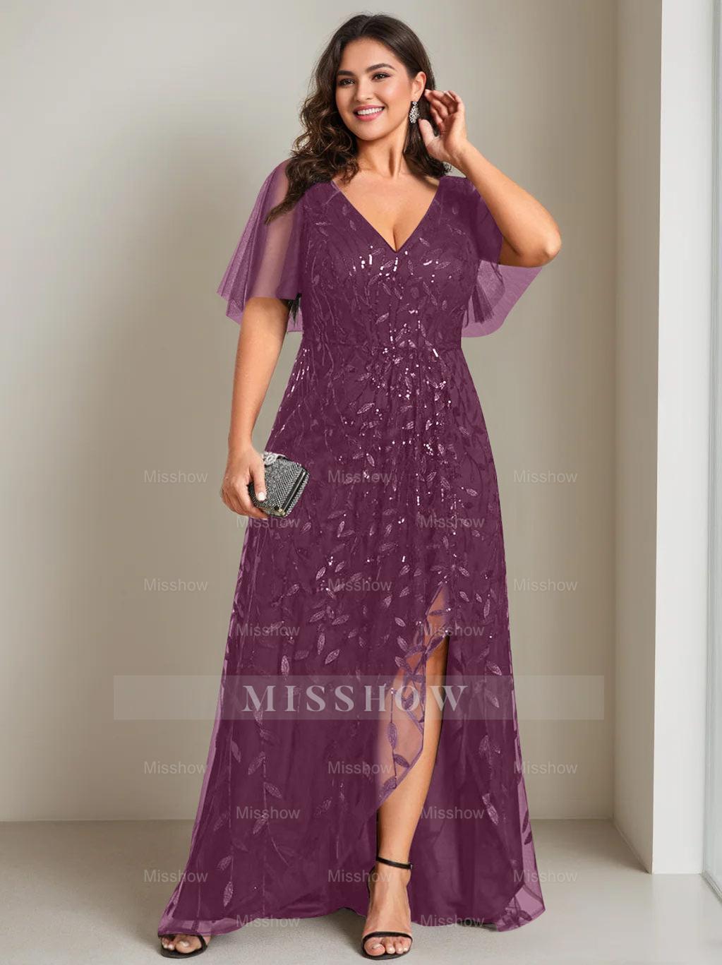 Plus Size Asymmetrical A-Line Princess V-Neck Short Sleeve Mother of the Bride Dress with Sequins