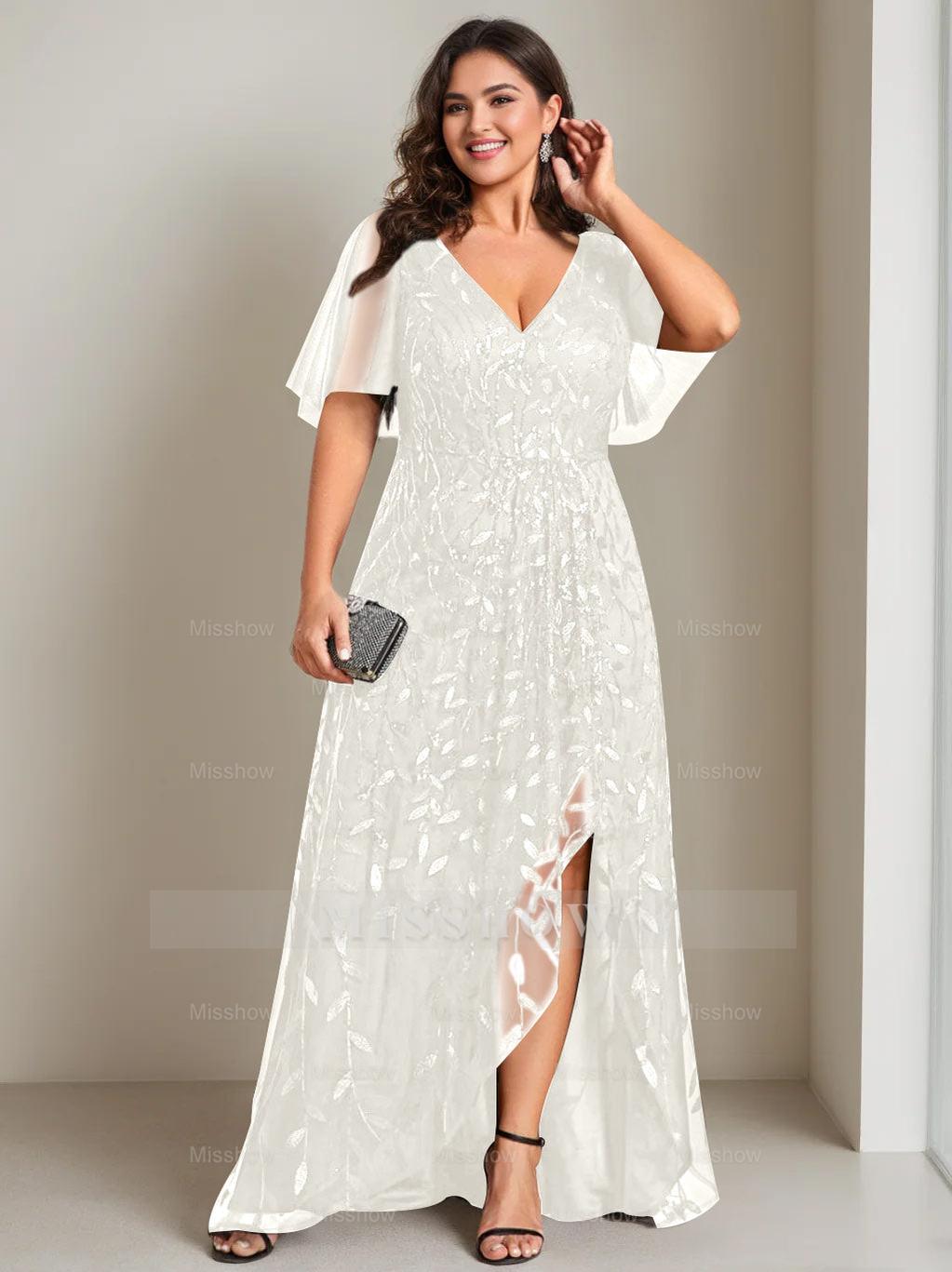 Plus Size Asymmetrical A-Line Princess V-Neck Short Sleeve Mother of the Bride Dress with Sequins