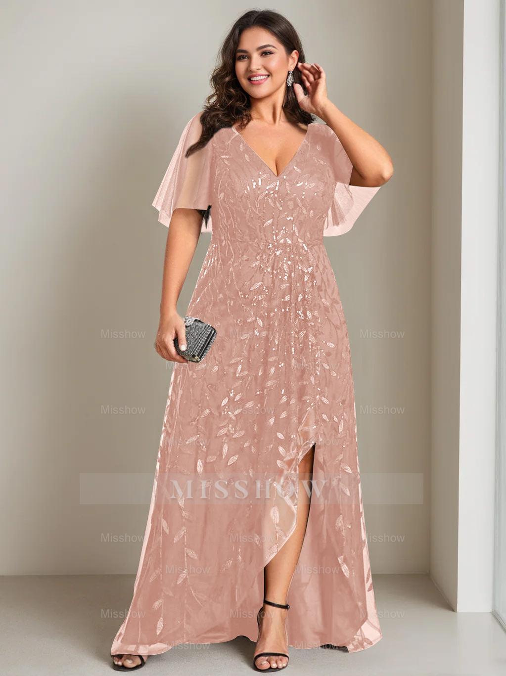 Plus Size Asymmetrical A-Line Princess V-Neck Short Sleeve Mother of the Bride Dress with Sequins