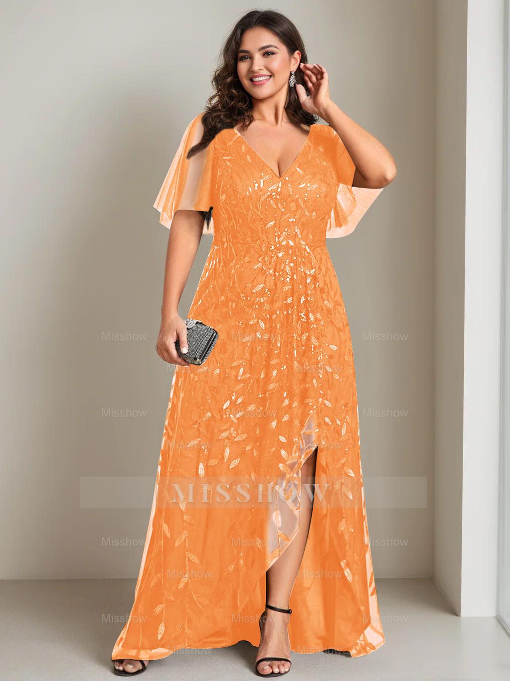 Plus Size Asymmetrical A-Line Princess V-Neck Short Sleeve Mother of the Bride Dress with Sequins