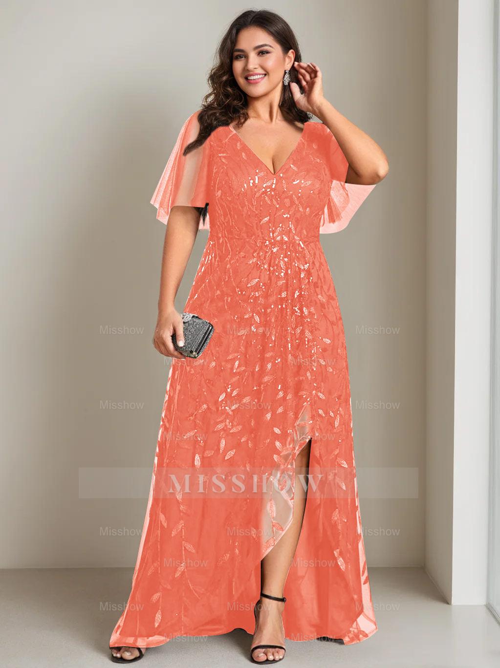Plus Size Asymmetrical A-Line Princess V-Neck Short Sleeve Mother of the Bride Dress with Sequins