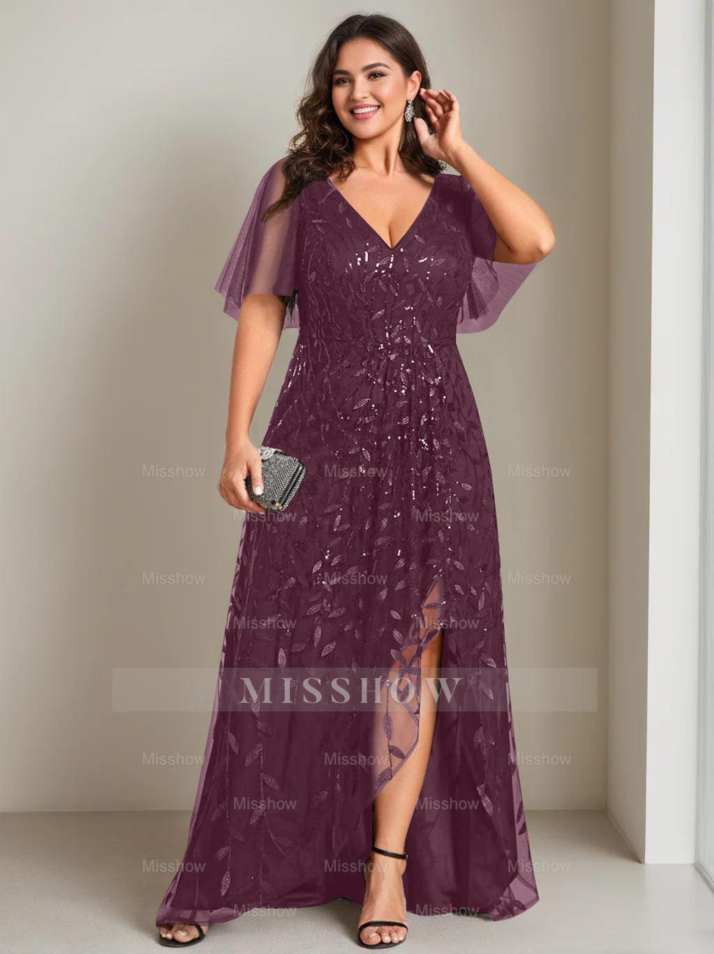 Plus Size Asymmetrical A-Line Princess V-Neck Short Sleeve Mother of the Bride Dress with Sequins