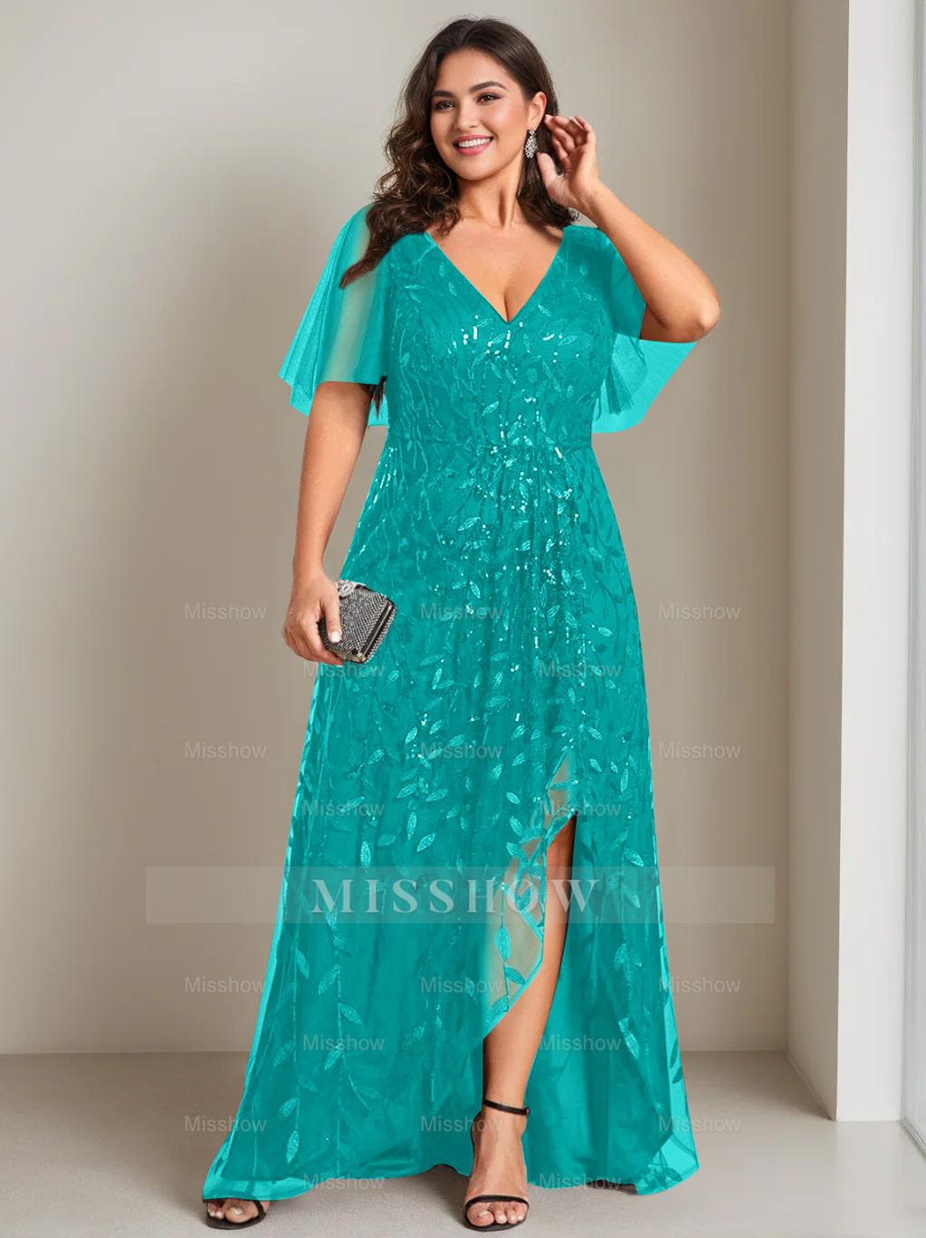 Plus Size Asymmetrical A-Line Princess V-Neck Short Sleeve Mother of the Bride Dress with Sequins