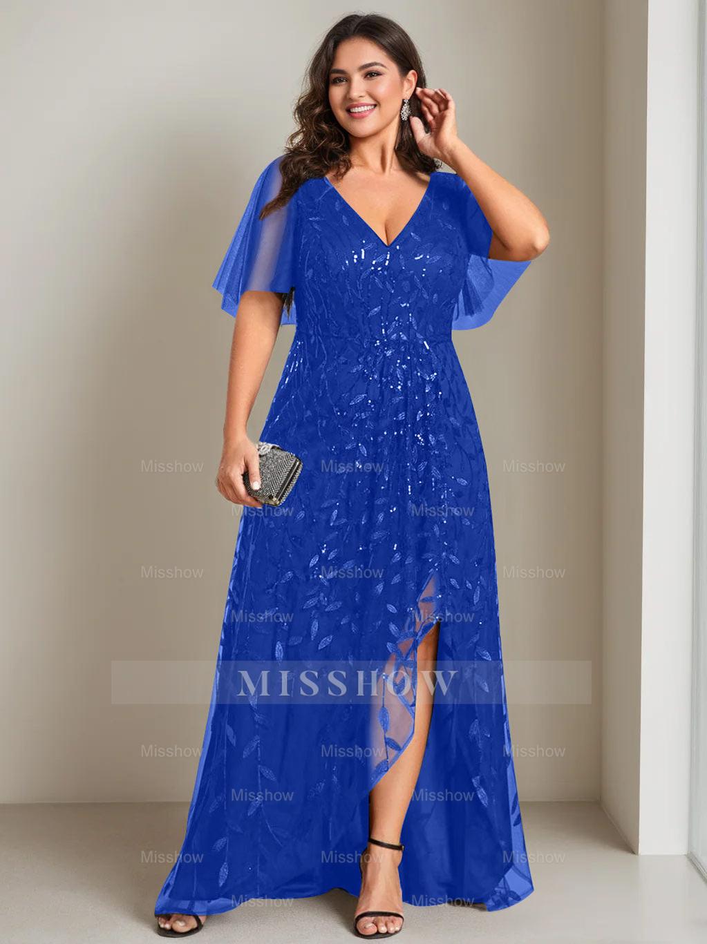 Plus Size Asymmetrical A-Line Princess V-Neck Short Sleeve Mother of the Bride Dress with Sequins
