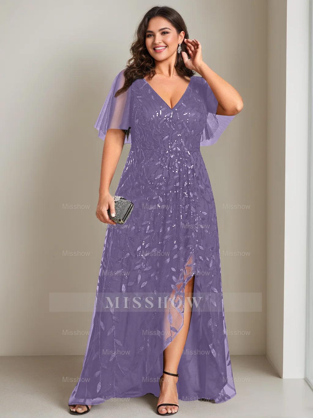 Plus Size Asymmetrical A-Line Princess V-Neck Short Sleeve Mother of the Bride Dress with Sequins