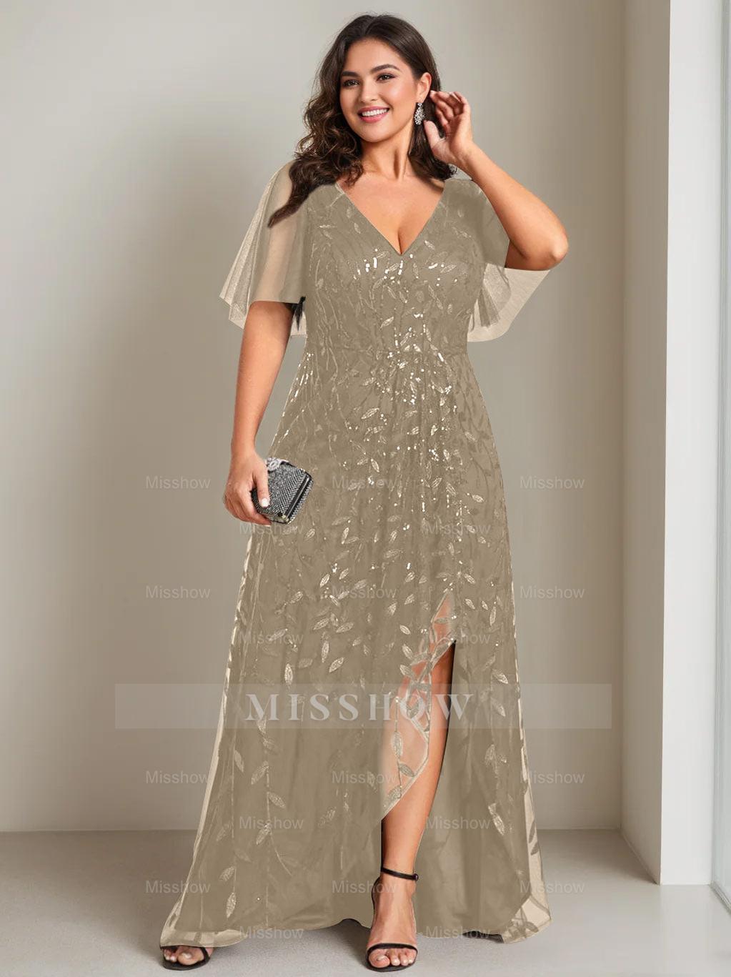 Plus Size Asymmetrical A-Line Princess V-Neck Short Sleeve Mother of the Bride Dress with Sequins